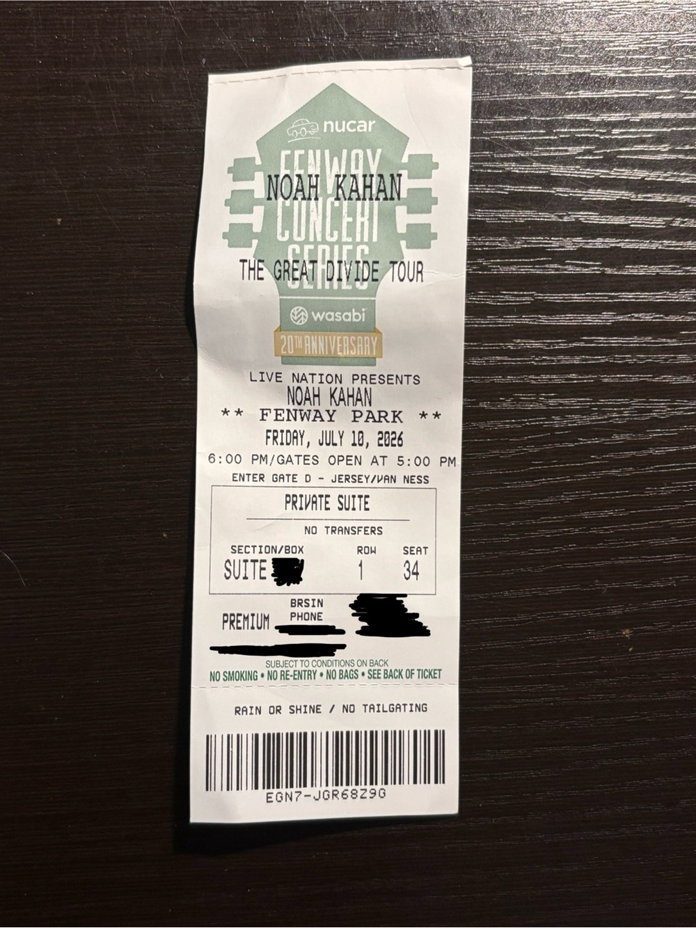 NOAH KAHAN Ticket Stub 7/10/2026 Fenway Park Boston Great Divide Tour